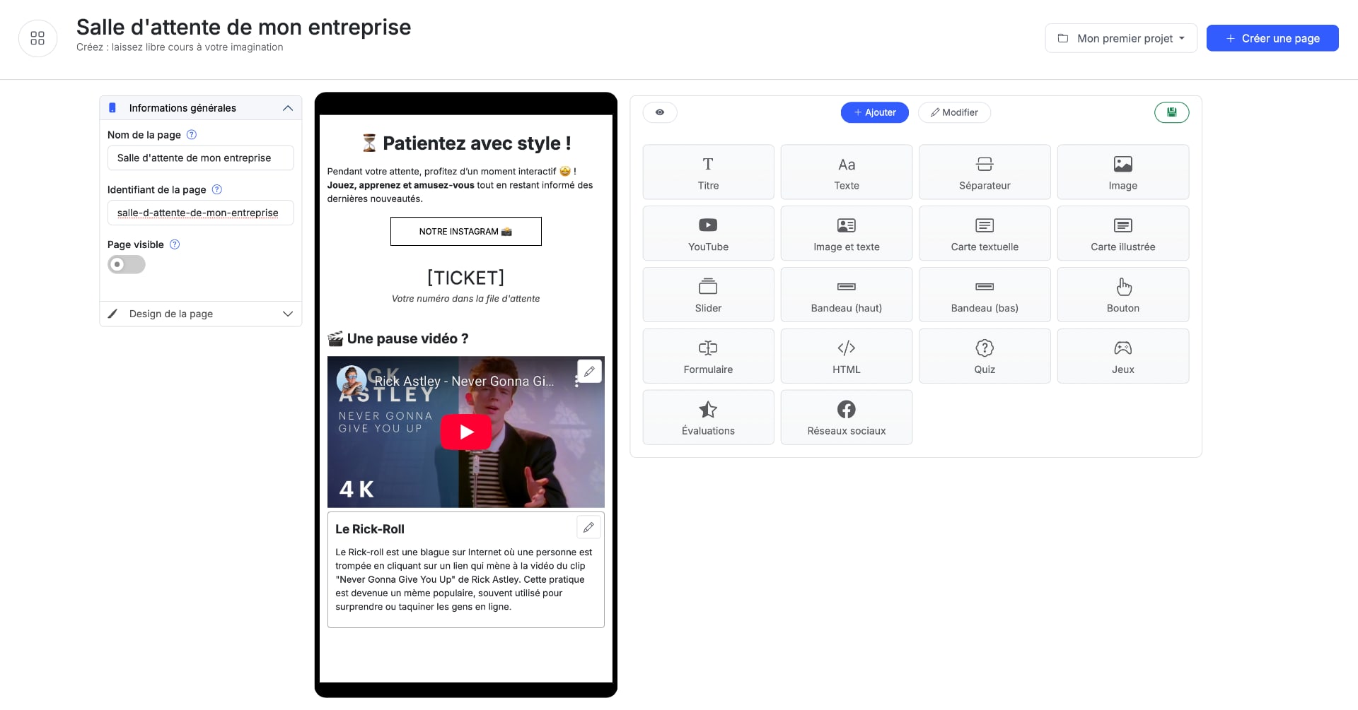 Editeur en drag & drop d'une page web pour files d'attente ou salle d'attente d'un cabinet médical